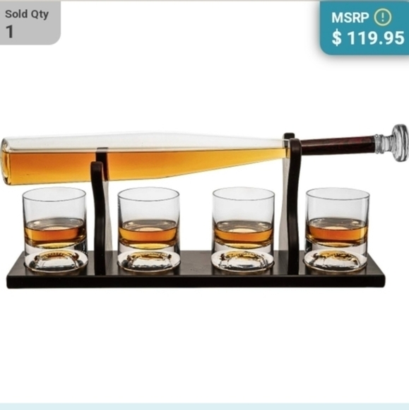 ECOGROWTH Baseball Bat Whiskey Decanter and 4 Whiskey Glasses - Picture 1 of 4